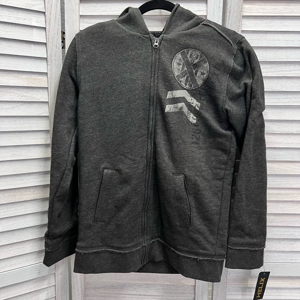 Boys HELIX Graphic Zip Up Dark Gray Hoodie Sweatshirt Faux Fur Lining size L